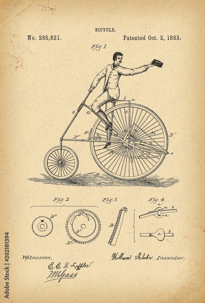 1883 Patent Velocipede Bicycle history  invention - obrazy, fototapety, plakaty 