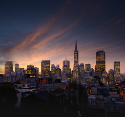 Fototapete - San Francisco skyline and Bay Bridge at sunset, California