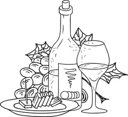 Hand Drawn Doodle Sketch Line Art Vector Illustration of Bottle of Wine Wineglass Bunch of Grape and Plate of Cheese. Emblem Poster Banner Black Outline Design Element Template