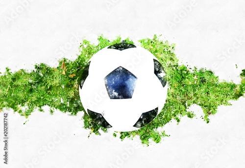 Abstract Soccer Ball Or Football Ball On Grass Watercolor Painting
