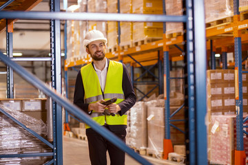 Wall Mural - In the storehouse. Positive joyful man using a scanner device while checking the boxes in the storehouse