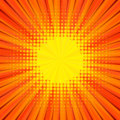 Aufkleber - Abstract comic orange background for style pop art design. Retro burst template backdrop. Light rays effect. Vintage comic book style, halftone modern print texture, vector.