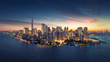 New York City panorama skyline at sunrise. Manhattan office buildings / skysrcapers at the morning. New York City panoramatic shot.