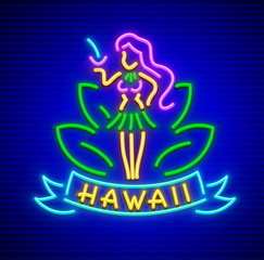 Wall Mural - Neon sign with girl of hawaii cocktail. Icon for entertaining