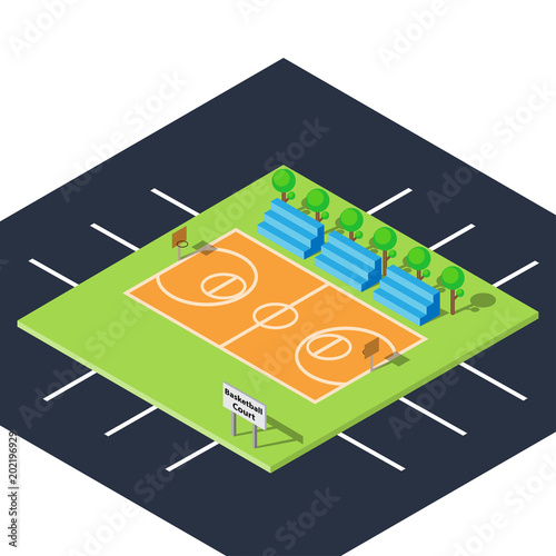 Outdoor Public Basketball Court With Flat And Isometric Design