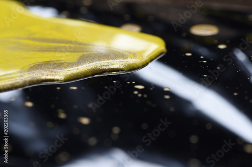 Cuadros en Lienzo Drops of golden paint, polish, lacquer on glossy black background