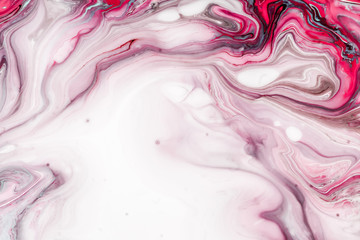 Swirls of marble or the ripples of agate. Liquid marble texture with pink and brown colors. Abstract painting background for wallpapers, posters, cards, invitations, websites. Fluid art.