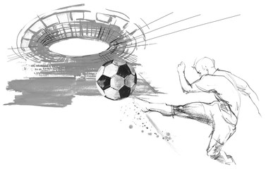 Wall Mural - football player in action on white background. Soccer silhouette hand drawn sketch illustration