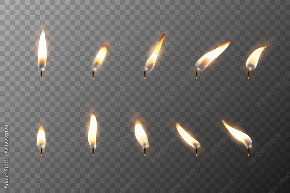 Vector 3d realistic different flame of a candle or match icon set closeup isolated on transparency grid background. Design template, clipart for graphics - obrazy, fototapety, plakaty 