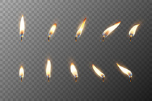 Vector 3d Realistic Different Flame Of A Candle Or Match Icon Set Closeup Isolated On Transparency Grid Background. Design Template, Clipart For Graphics