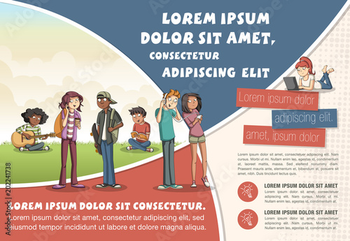 Template for advertising brochure with cute cartoon teenagers