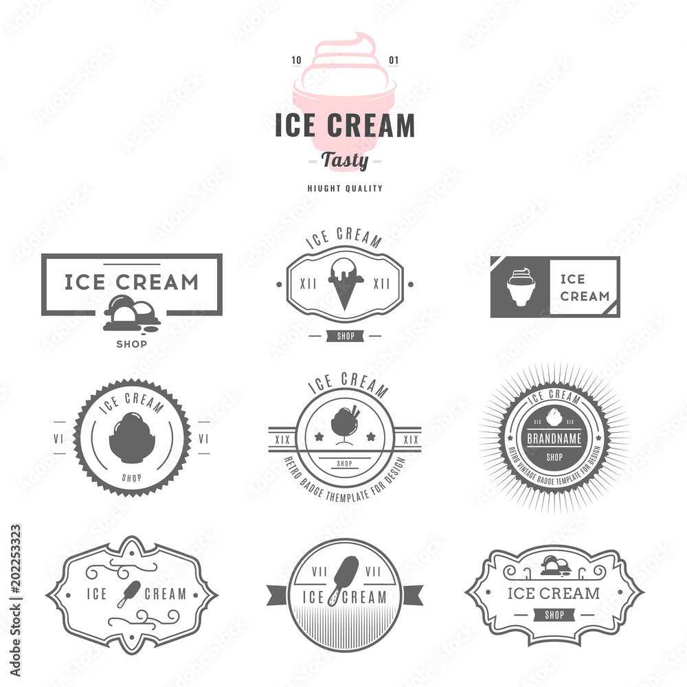 Set of ice-cream shop labels, logotypes and design elements. Vintage collection of different ice cream elements. Cold desserts and ice cream objects. Vector elements for design. Ice cream silhouettes. - obrazy, fototapety, plakaty 