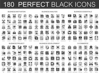 Poster - 180 seo optimization, business motivation, business analysis, business essentials, business project, startup development, e-commerce classic black mini concept icons and infographic symbols set.