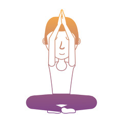 Poster - cartoon man doing yoga doing a namaste gesture over white background, colorful design. vector illustration