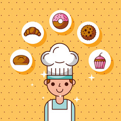 Sticker - chef boy cartoon character with uniform vector illustration