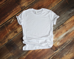 white t shirt mockup flat lay on wood