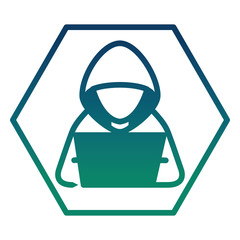 Sticker - cyber security hacker character with laptop vector illustration