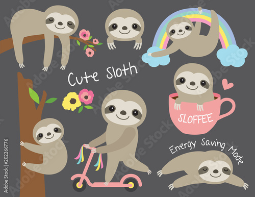 Fotomural Vector illustration of cute baby sloth in various activities such as sleeping, riding bike, climbing and hanging from a tree