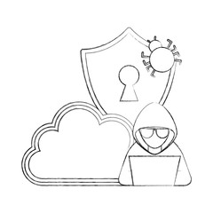 Wall Mural - cyber security hacker laptop cloud storage and shield bug vector illustration sketch