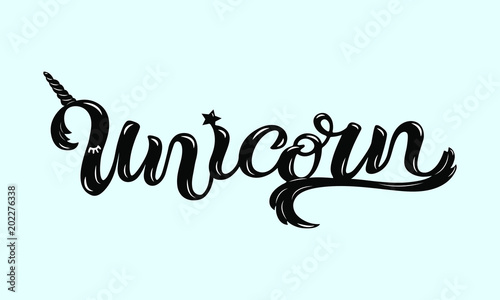 Hand drawn Unicorn lettering on blue background. Logotype vector