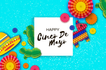 Happy Cinco de Mayo Greeting card. Colorful Paper Fan, Funny Pinata and Cactus in paper cut style. Origami Sombrero hat. Mexico, Carnival. Square frame on sky blue.