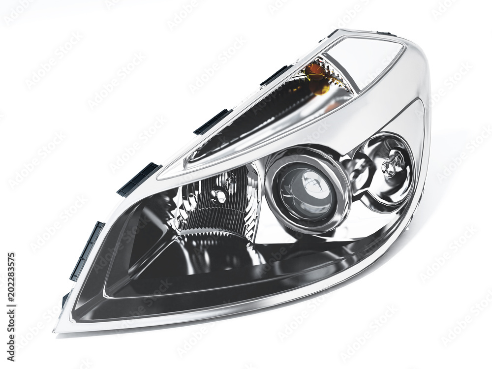 Left car headlight isolated on white background. 3D illustration - obrazy, fototapety, plakaty 