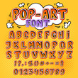 Comic font vector cartoon alphabet letters in pop art style and alphabetic text icons for typography illustration alphabetically popart typeset of abc and numbers background