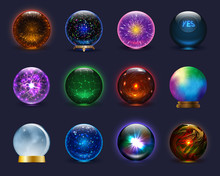Magic Ball Vector Magical Crystal Glass Sphere And Shiny Lightning Transparent Orb As Prediction Soothsayer Illustration Magnificent Set Isolated On Background