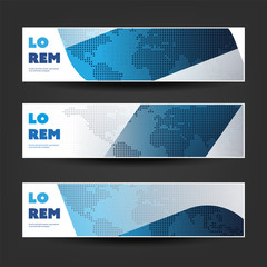 Poster - Set of Horizontal Banner or Header Designs with World Map for Business Announcement or Web Ad Templates - Colors: Blue and White