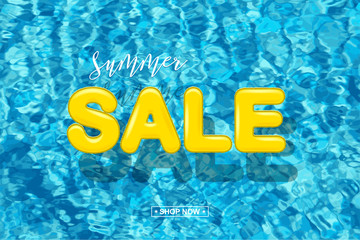 Wall Mural - Summer sale design concept. Yellow SALE word made of swimming rings on blue water background. Vector illustration.