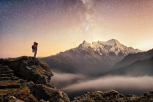 Photographer Traveler Who Take A Picture Of Starry Sky  And Sunrise In Mountains