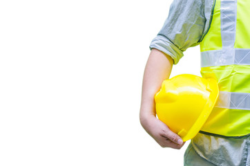 Close-up construction worker holding hard hat with isolated white background 