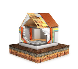 concept of construction.  land on which the house is under construction. Thermal insulation. 3d illustration