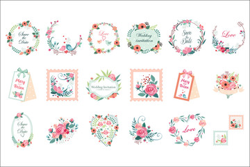 Sticker - Vector set of beautiful floral frames, borders and labels. Save the date. Graphic elements for wedding invitation, romantic postcard or print