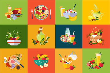 Poster - Flat vector compositions with food and drinks. Healthy eating. Delicious breakfast. Fresh vegetables and fruits