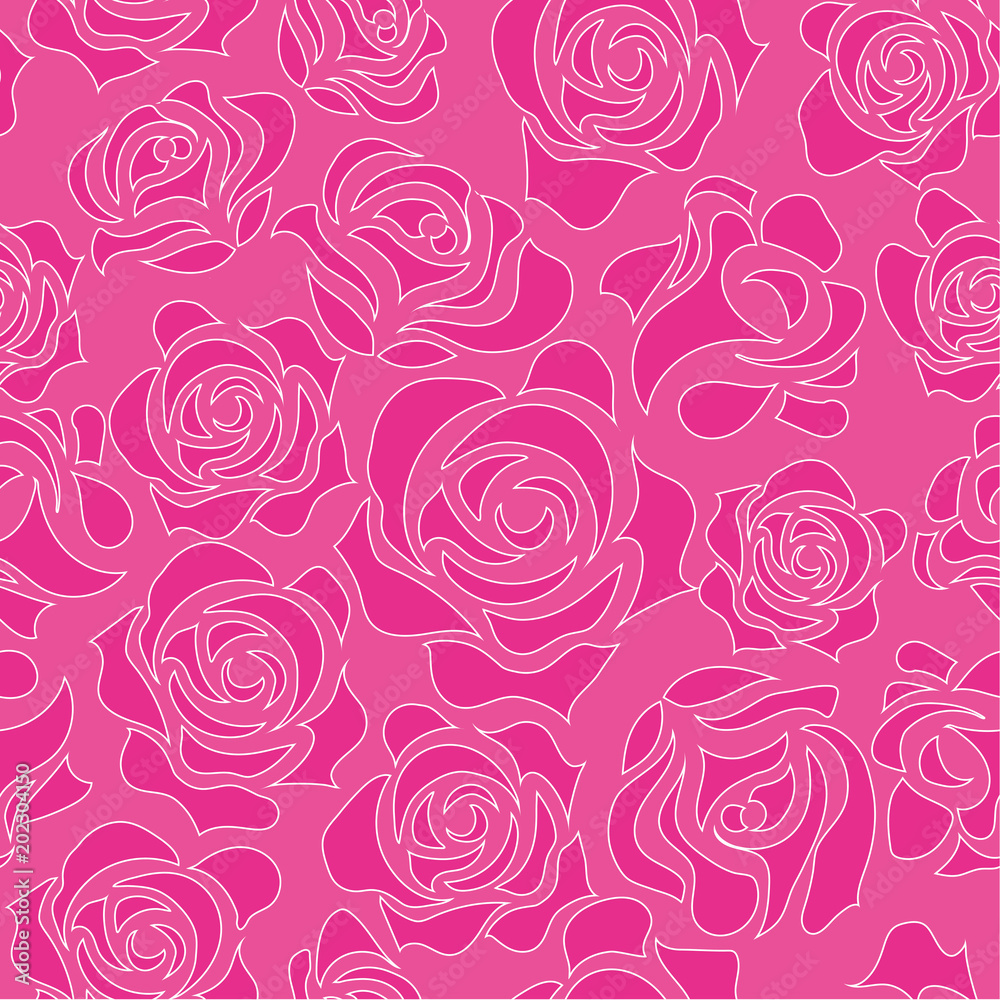 バラのイラスト（線画 ピンク）｜薔薇の模様の連続柄｜シームレス