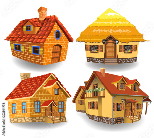 cartoon collection of four fairy tale houses isolated on a white background