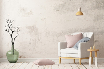 Wall Mural - Interior in lag style with an armchair. Scandinavian style. 3D rendering