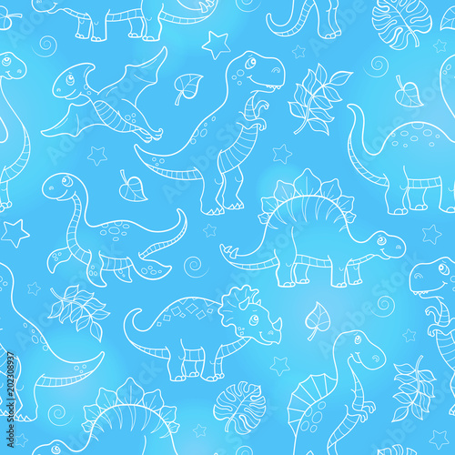 Stoffe zum Nähen Nahtlose Muster mit Dinosauriern und Blätter, konturierten Tiere auf blauem Hintergrund