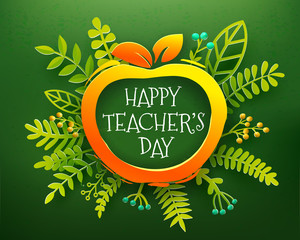 Wall Mural - Vector illustration. Happy teachers day typography greetings apple symbol with realistic paper floral and leaves elements on green chalkboard background. Can be used as greetings card or poster.