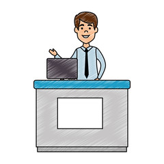 Poster - doctor professional in desk with computer avatar character vector illustration