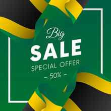 Big Sale Banner Or Sticker. Special Offer. Fifty Percent Off. Jamaica Flag. Vector Illustration.