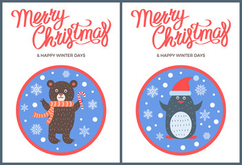 Sticker - Merry Christmas and Happy Winter Days Bear Penguin