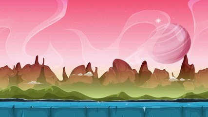 Wall Mural - Sci-fi Alien Landscape Animation/
Looped seamless slideshow animation of a cartoon sci-fi alien planet landscape background, with layers for parallax including weird mountains, stars and planets