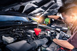 the wide angle image of the technician filling a new lubricant in the car's engine. the concept of automotive, repairing, mechanical, vehicle and technology.