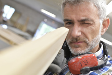 Wall Mural - Man working in wood industry cutting piece wood