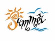 © Olga - Summer. Lettering . Greeting. Sun, sea, seagulls. Design concept for tourism. Vector.