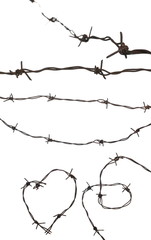 Wall Mural - Set old rusty security barbed wire fence isolated on white background and texture