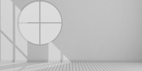 Poster - 3D stimulate of white room interior and wood plank floor with sun light cast shadow on the window and round wall,Perspective of minimal design architecture	