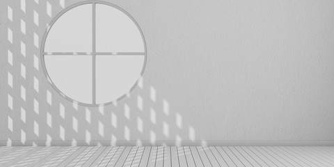 Poster - 3D stimulate of white room interior and wood plank floor with sun light cast shadow on the window and round wall,Perspective of minimal design architecture	